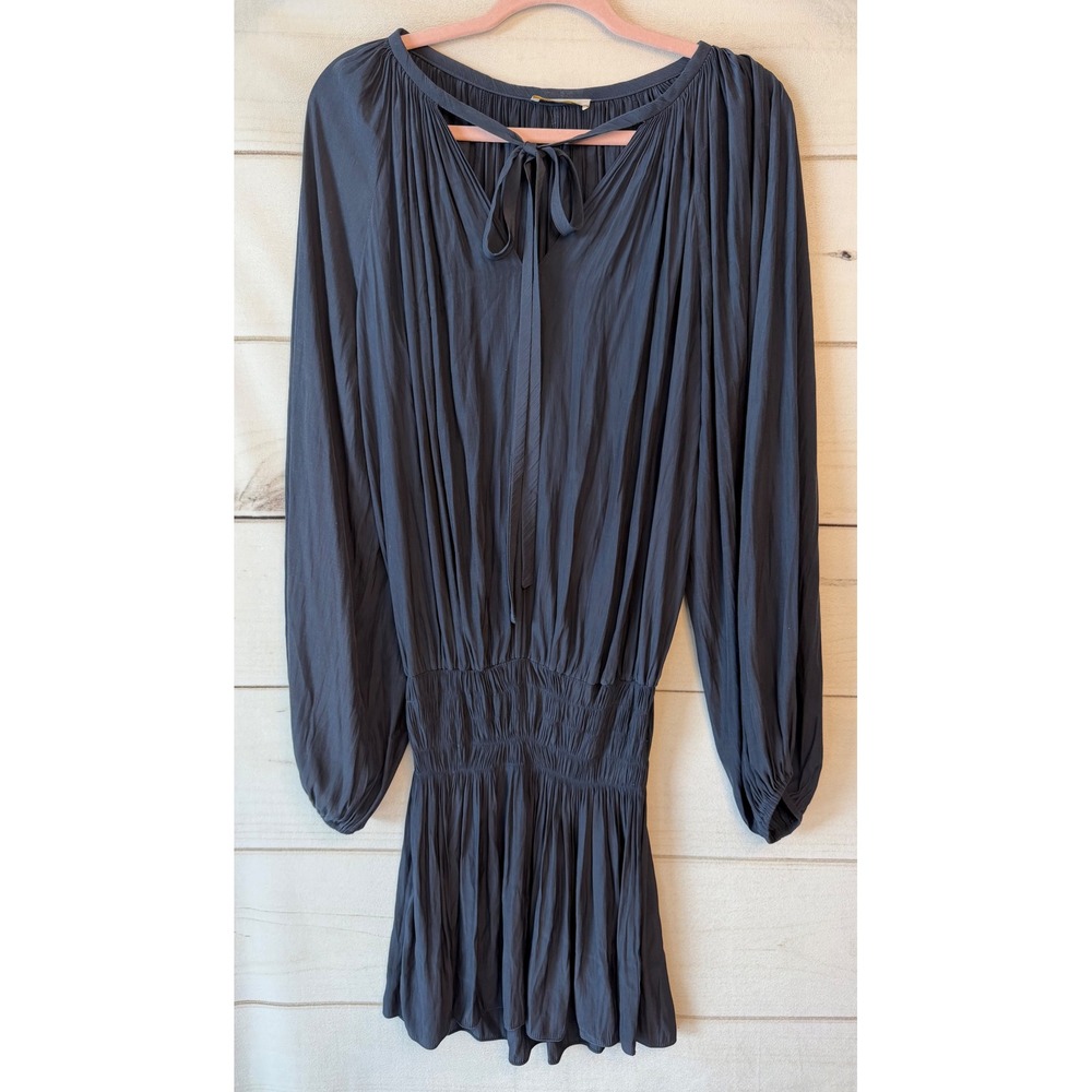 Ramy Brook Paris Dress Navy Blue Smocked Waist Pleated Mini XS Boho Chic